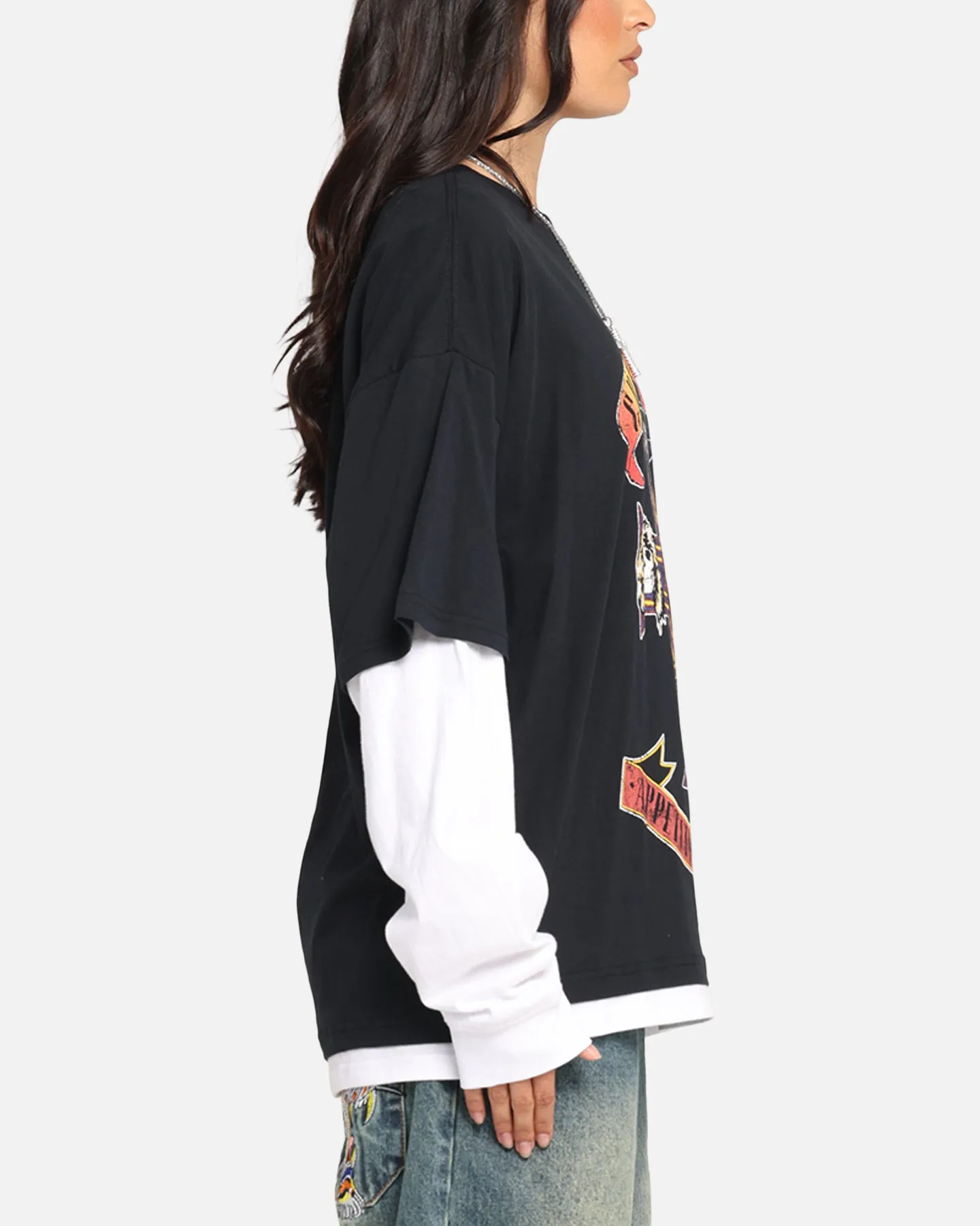 G N Roses Roses Layered Long Sleeve T-Shirt Black Wash